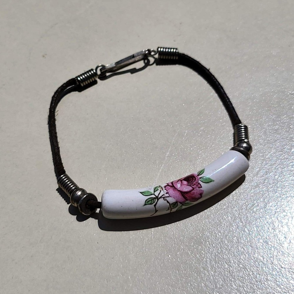 Vintage Leather Porcelain Rose Tube Bead Bracelet Brown Pink Floral Boho - Picture 6 of 6